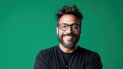 Obraz premium A joyful portrait of a smiling man with glasses against a vibrant green background, radiating warmth, friendliness, and a lively spirit that captivates the viewer.