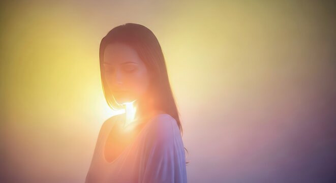 Silhouetted Woman in Sunset Light With Hand Near Face Capturing Serene Emotional Moment