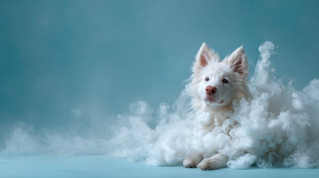 A fluffy white dog sitting gracefully amidst a dreamy cloud of soft mist, radiating innocence and charm, capturing the playful spirit of furry companions.