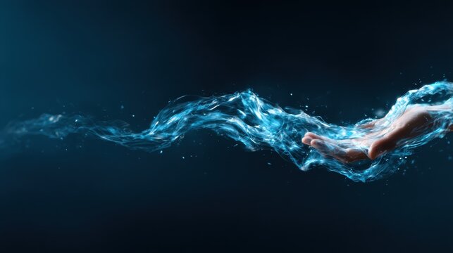 An artistic representation of a hand gracefully capturing a flowing stream of water, symbolizing the fluidity of life and the connection between humans and nature.