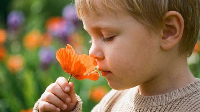 Little Boy Smelling a Wild Orange Poppy in a Flower Field