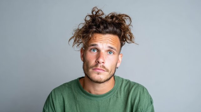 A young man with messy curly hair and striking blue eyes looks thoughtfully into the camera, capturing a moment of introspection and emotional depth in a minimalist setting.