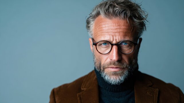 A striking portrait of a distinguished older man with glasses and a beard, showcasing confidence and wisdom. His intense gaze evokes deep thought and sophistication.