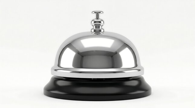 Full details prompt and 8K ultra quality polished chrome hotel reception service desk call bell with check in reception concierge hospitality attention customer business management polished
