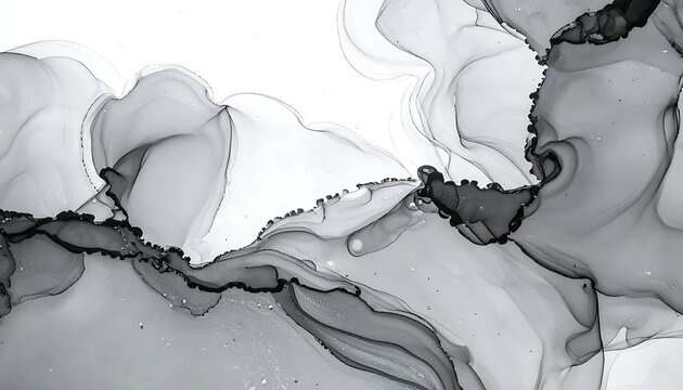 Abstract monochrome fluid ink patterns, swirls of grey and black on white, delicate organic shapes, modern background