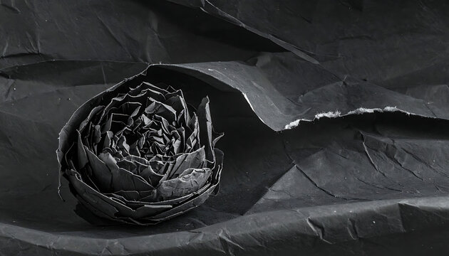 Black and white close-up of a tightly furled artichoke bud with detailed textured leaves, set against crumpled dark paper