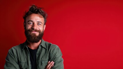 Obraz premium A smiling bearded man poses casually against a bold red backdrop, radiating warmth and confidence while embodying contemporary style and approachable charisma.