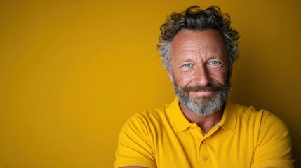 Obraz premium A confident middle-aged man with styled hair and a beard smiles warmly against a cheerful yellow background, radiating warmth and inviting connection with his engaging persona.