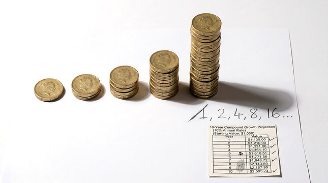 Coins stacked in increasing order with compound growth chart on white background
