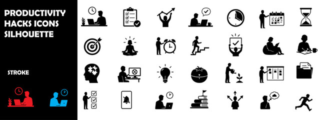 Productivity Hacks Silhouette Vector – Time Management and Work Efficiency Icons © Vishwajeet