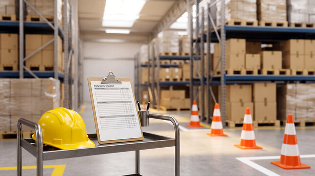 Warehouse safety checklist station with copy space at top
