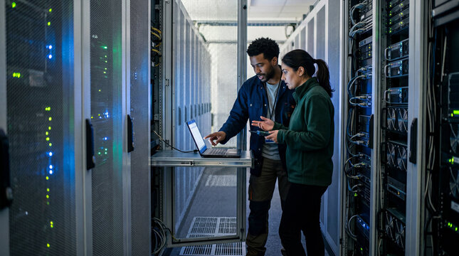Two IT professionals collaborating on server maintenance in data center using laptop