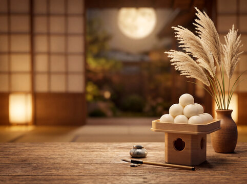 Tsukimi moon viewing table with dumplings with copy space on left
