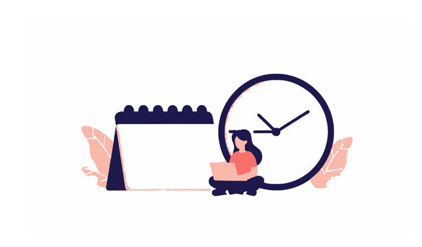 Freelance Woman Managing Time and Deadlines with Laptop Calendar and Clock Vector Illustration