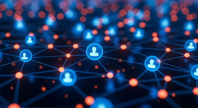 Abstract network of interconnected people icons and nodes with social media connection technology communication internet abstract community business information futuristic globalization