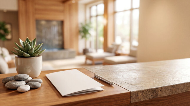 Spa resort reservation counter with blank brochure with copy space on right
