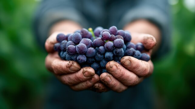 A close-up of a person's hands holding freshly harvested grapes, showcasing the connection between agriculture, hard work, and the joy of a fruitful harvest from the vineyard.