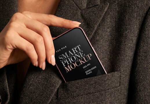 Smartphone Mockup In Blazer Breast Pocket With Woman Hand Close Up