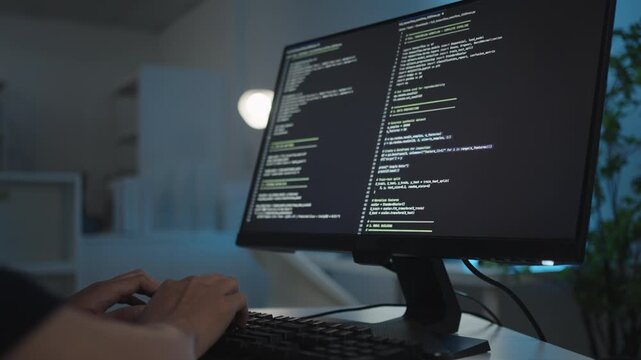 IT developer working online software development on pc monitors at modern home office on coding application screens. Man creating a software. Abstract futuristic coding concept.