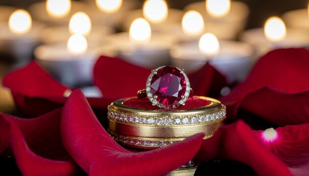 rose petals, candle, romantic, Valentine's day, gold ring, jewelry box