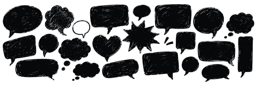 Collection of various hand-drawn speech bubbles, thought bubbles, and comic book style dialogue boxes, isolated on a white background for easy editing.