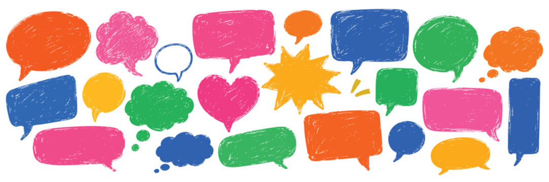 Collection of various hand-drawn speech bubbles and thought clouds in different colors and shapes, perfect for comic strips, social media, and design projects.
