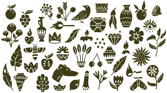 A Whimsical Collection of Hand-Drawn Vector Graphics Featuring Nature, Animals, and Abstract Elements