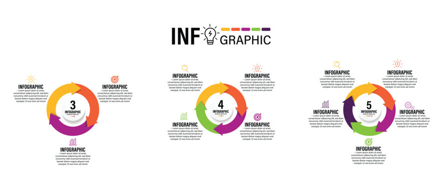 Circle arrows infographic set. Vector infographic template with 3-5 options diagram. Vector circle arrows for infographic.Template for cycling diagram,graph,cycle diagram,presentation and round chart.