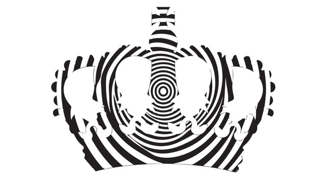 Crown silhouette centers a hypnotic radial distortion pattern against a clean white backdrop.