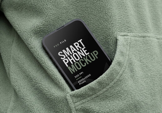 Smartphone Mockup In Fleece Jacket Pocket Close Up No Hand With Soft Texture