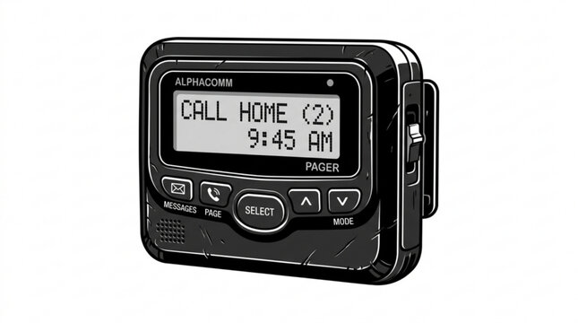 Vintage Digital Pager Displaying Call Home Message on Black Device Isolated on White Background