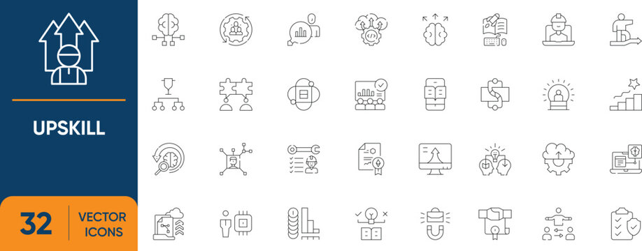 Upskill Icon Set. Containing Reskill, Development, Upskilling, Personal, Growth, Career and more. Editable vector Line icons collection.