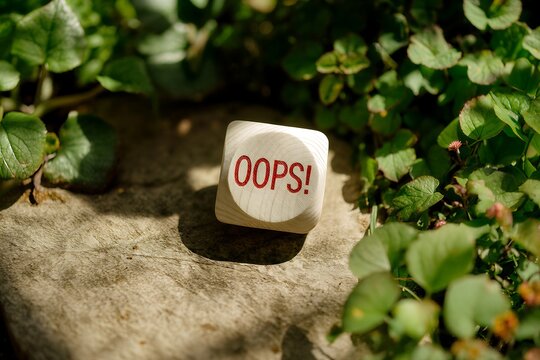 Wooden block with red oops text standing upright among green foliage and natural rocks outdoors