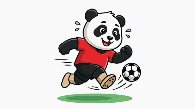Panda Playing Soccer: A cute and energetic panda in a red shirt joyfully plays soccer, dribbling the ball with determination and a big smile.