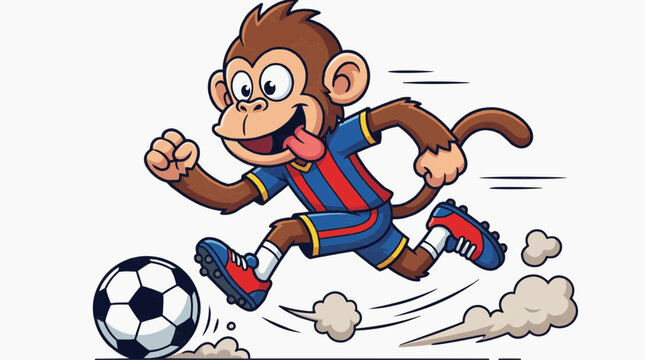 Funny Monkey Playing Soccer: A cartoon monkey in a soccer uniform dribbles a ball with its feet, tongue out in excitement, with dust clouds kicking up behind it as it runs.