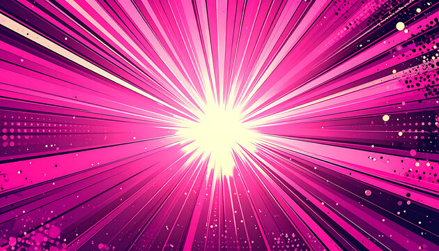 Abstract radial burst of bright pink and yellow light rays emanating from center, energetic explosion effect, comic book style