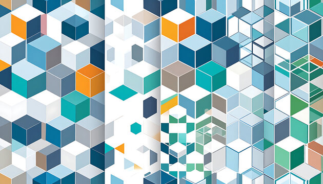 Abstract geometric patterns with colorful cubes, isometric perspective, 3d rendering, digital art, tech background