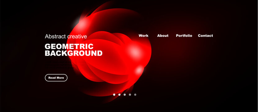 Dark backdrop features red abstract shapes, text elements, navigation menu. Modern design promotes geometric visuals, button included.
