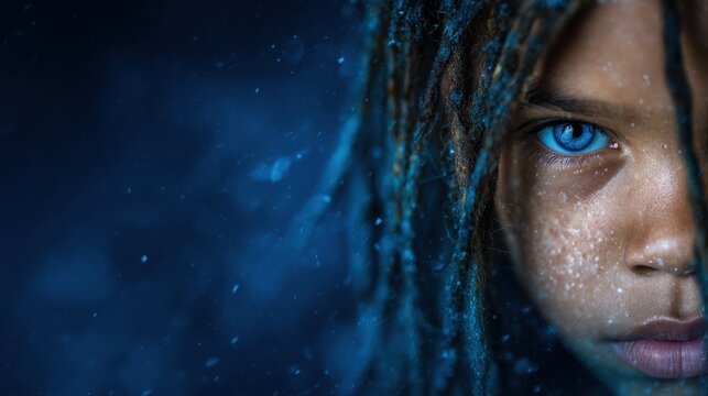 A captivating close-up of a child's face focusing on azure blue eyes that capture an air of mystery and depth, reflecting emotion and an intriguing backstory that's hidden.
