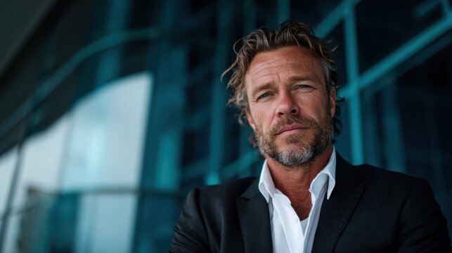 A ruggedly handsome man with blond hair and a beard gazes intently at the camera while dressed in a stylish black suit, showcasing a powerful presence against a modern backdrop.
