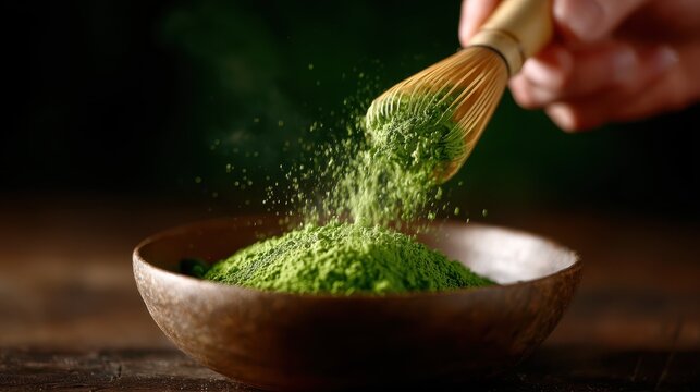 A hand delicately whisks vibrant green matcha powder, creating a frothy blend for traditional tea-making in a serene and artistic setting showcasing Japanese culture.