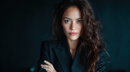 Fototapeta premium A powerful portrait of a confident woman in a classic suit, showcasing professionalism and strength, with an emphasis on her expressive features against a dark background.