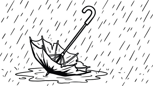 Overturned umbrella and rain puddle black and white vector illustration