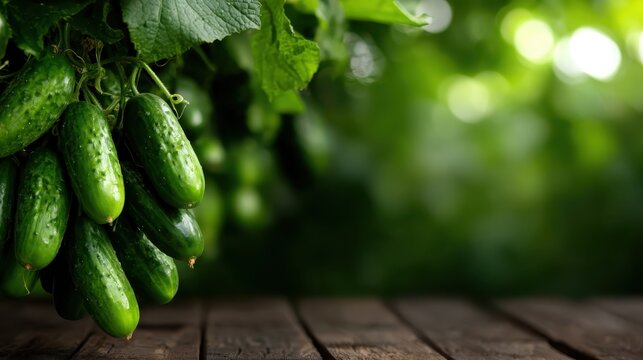 Bunch of fresh cucumbers dangle from a green vine, embodying freshness and vitality, illustrating nature's bounty in a beautifully lit, natural greenhouse environment.