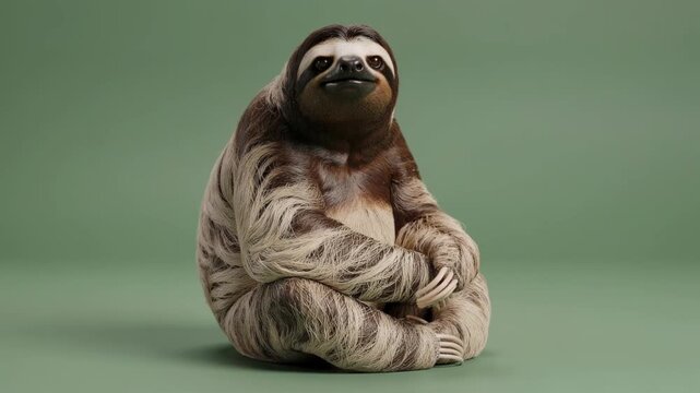 Cute sitting sloth with detailed fur against soft green background for wildlife and nature concept
