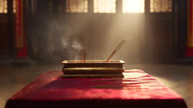 incense altar with a golden bronze censer. Burning sandalwood joss sticks with smoke in a traditional temple interior illuminated by dramatic light rays.
