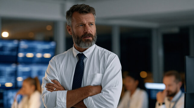 Incident response team activation moment in corporate security operations center, team lead at standing desk issuing verbal directives as analysts simultaneously open forensic toolkits, multiple ale
