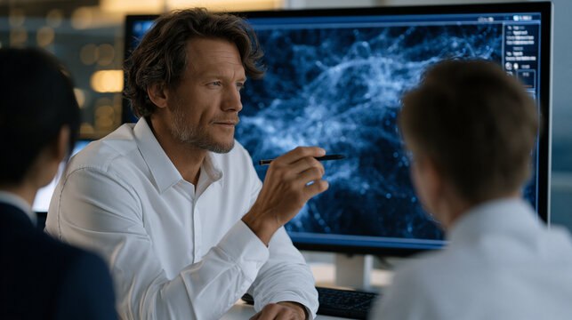 DDoS attack traffic visualization rendered as three-dimensional volumetric network flow diagram on analyst operations center screen, security engineer gesturing toward botnet origin cluster with sty