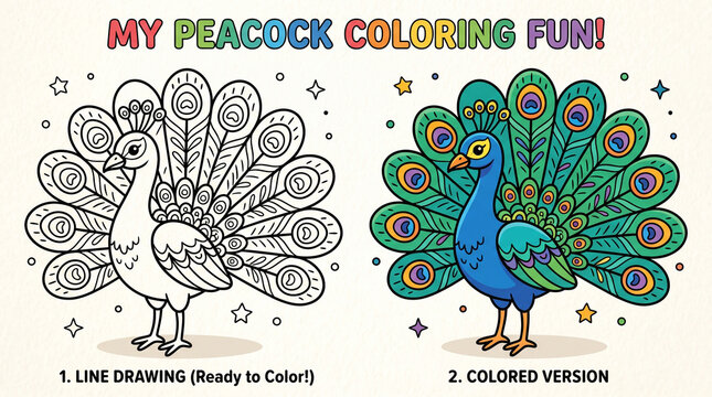 Cute Peacock Doodle Coloring Page for Kids Printable Activity