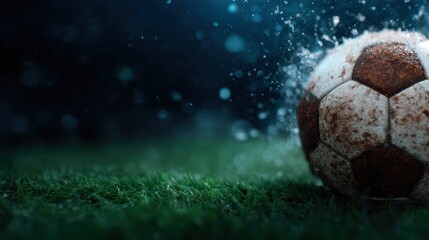 Fototapeta premium A dynamic close-up image of a weathered soccer ball splashing through water on a grass field, embodying the excitement and energy of sports and outdoor activities.